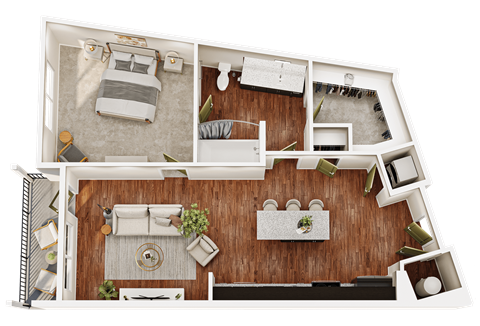 Floor plan for 1 bed, 1 bath, 669 sqft